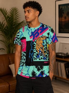 Reason Aqua Multicolor Graphic Tiger Short Sleeve Tee